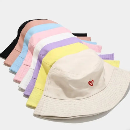 Stylish Bucket Hats With Heart Embroidery Ladies Girls Fashion Sun Hats