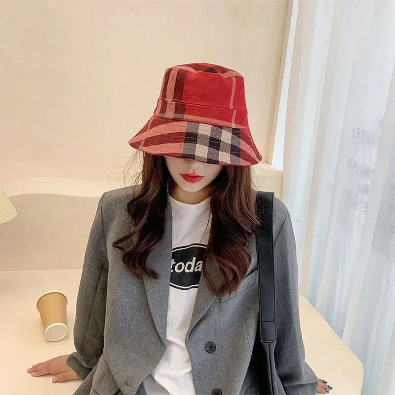 Women Bucket Hats Foldable Plaid Pattern Sun Hats Japanese Casual Winter Warm