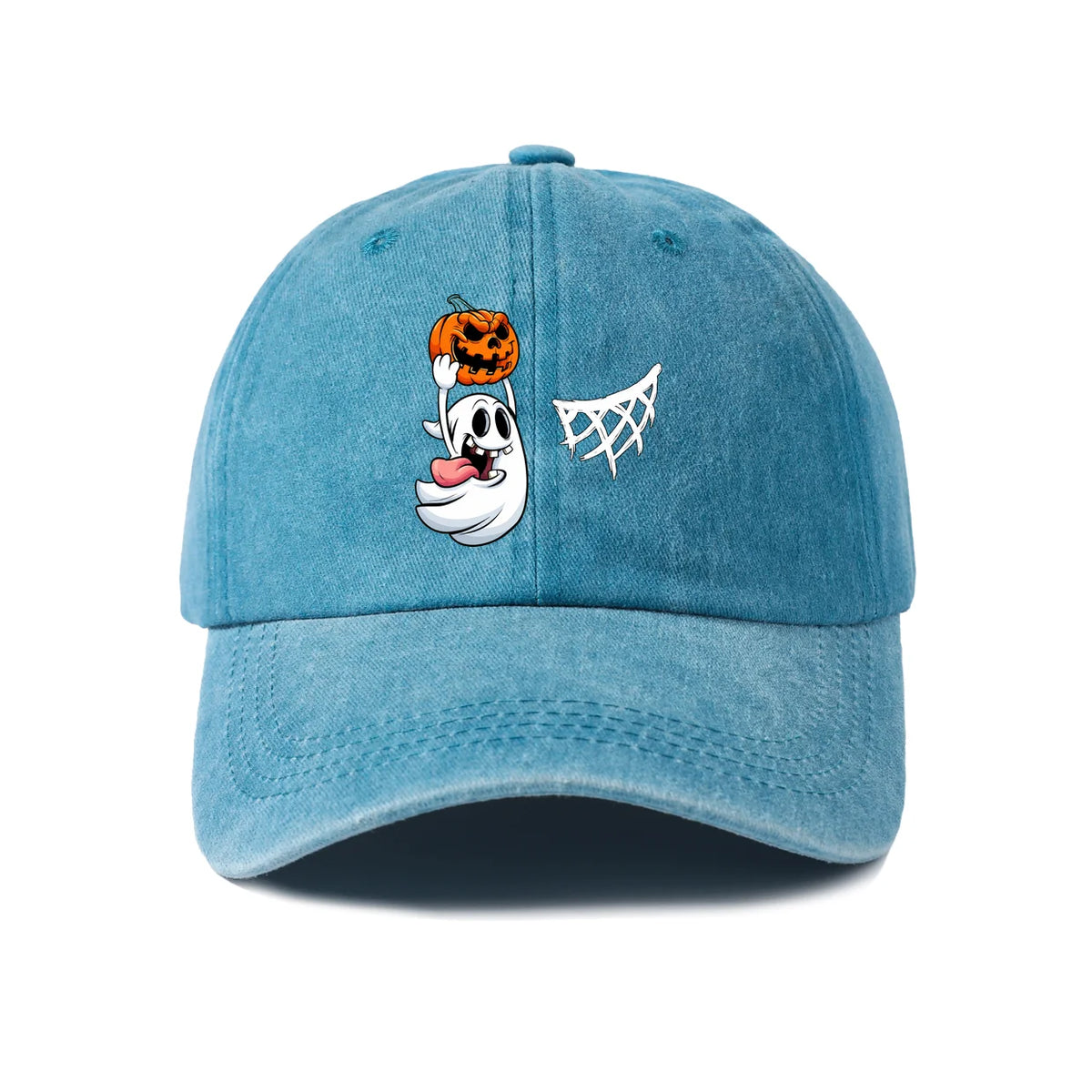 Vintage Washed Ghost Pumpkin Spider Web Graphic Baseball Cap