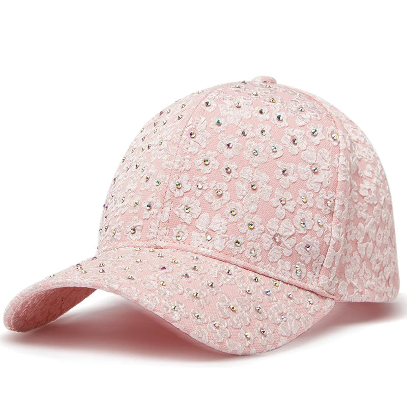 CNTANG Summer Women Rhinestone Baseball Cap Flower Embroidery Hats