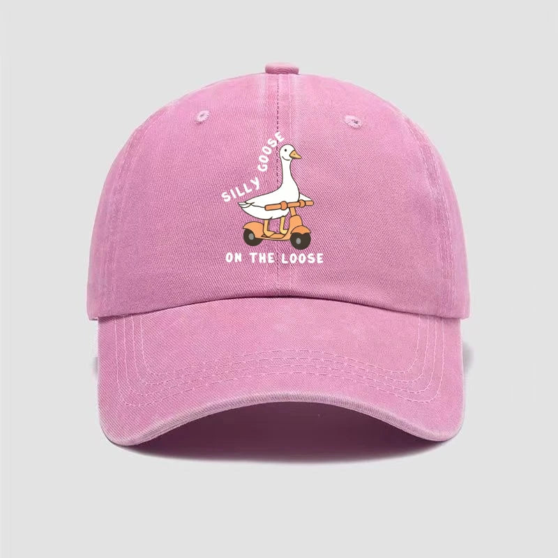 Skateboarding Duck Print Washed Baseball Cap