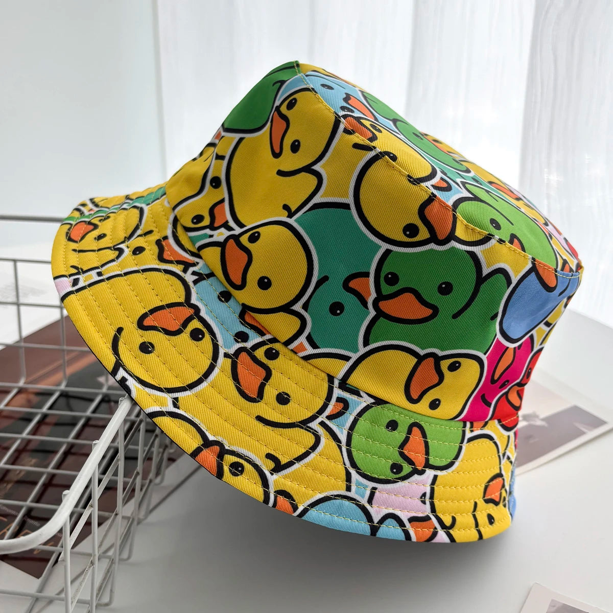 Cartoon Duck Bucket Hat Cool Cute Pattern Fisherman Hats Yellow Duck For Men Women