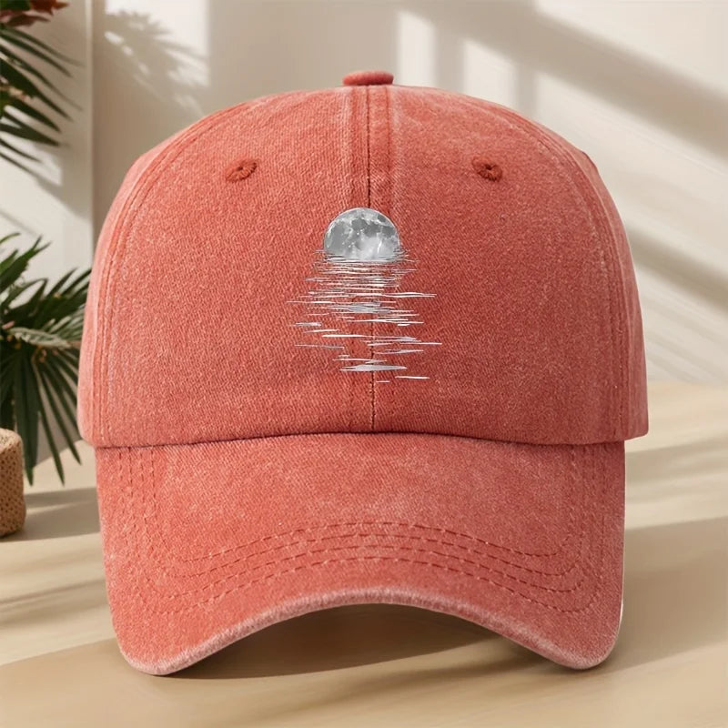 MAKEFGE Vintage Washed Soft-Top Cap with Moon & Starry Night Sky Print Baseball Hat
