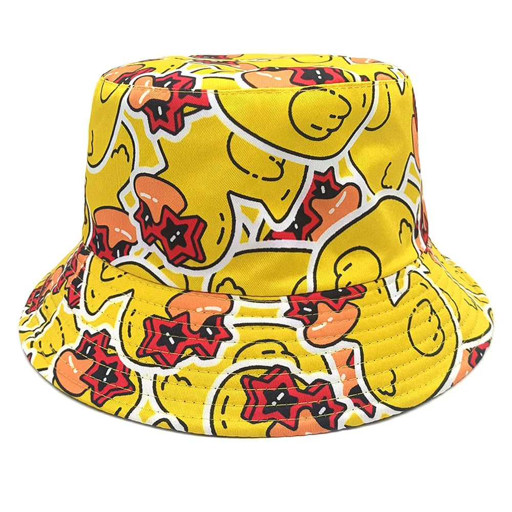 Double-sided Yellow Duck Print Pattern Panama Summer Sunscreen Fisherman Cap Bucket Hat