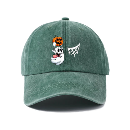 Vintage Washed Ghost Pumpkin Spider Web Graphic Baseball Cap