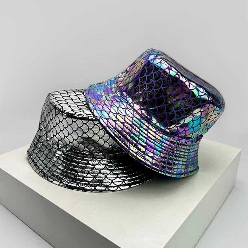 Shiny PU Leather Colorful Bucket Hats Sunshade New Unisex Fisherman Caps