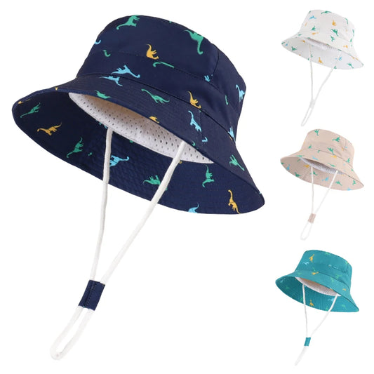 Dinosaur Wide Brim Summer Outdoor Hat Cotton Bucket Hat With Chin Strap