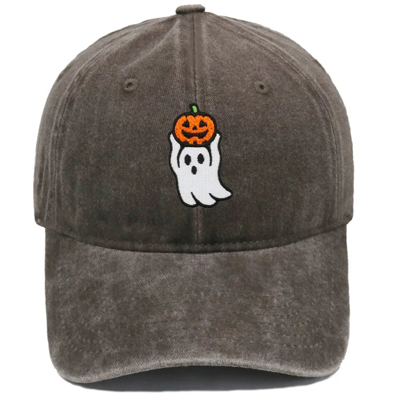 Vintage Washed Cute Ghost Holding Pumpkin Embroidery Baseball Cap