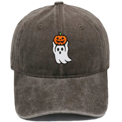 Vintage Washed Cute Ghost Holding Pumpkin Embroidery Baseball Cap