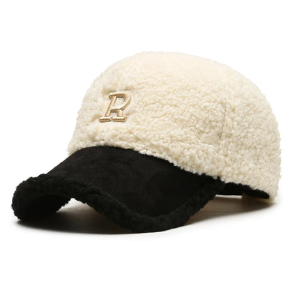 Trendy Big Letter Embroidery Men Winter Hats White Brown Lambswool Baseball Cap For Women