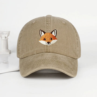 Cute Fox Embroidered Vintage Washed Baseball Cap