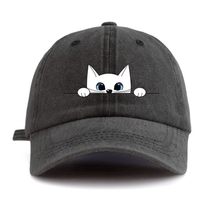 Cute Peeking White Cat Washed Baseball Cap