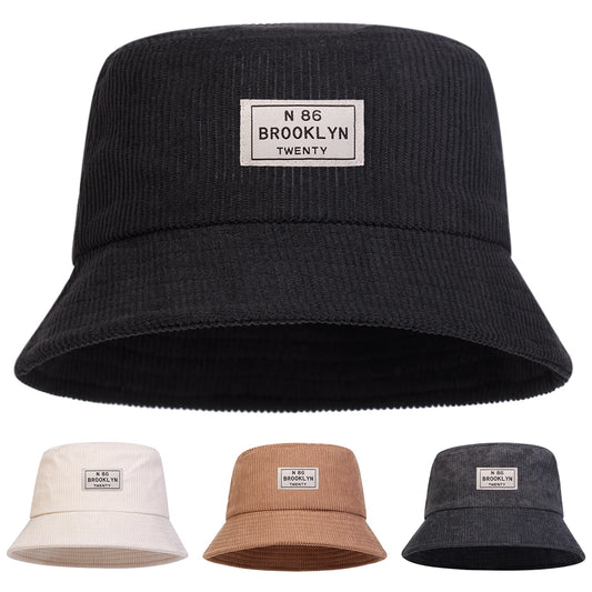 Unisex BROOKLYN Sewing Label Personality Corduroy Bucket Hats Fishermen Caps