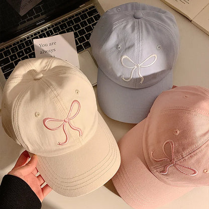 Korean Bow Baseball Cap Women Y2K Pink Bows Embroidered