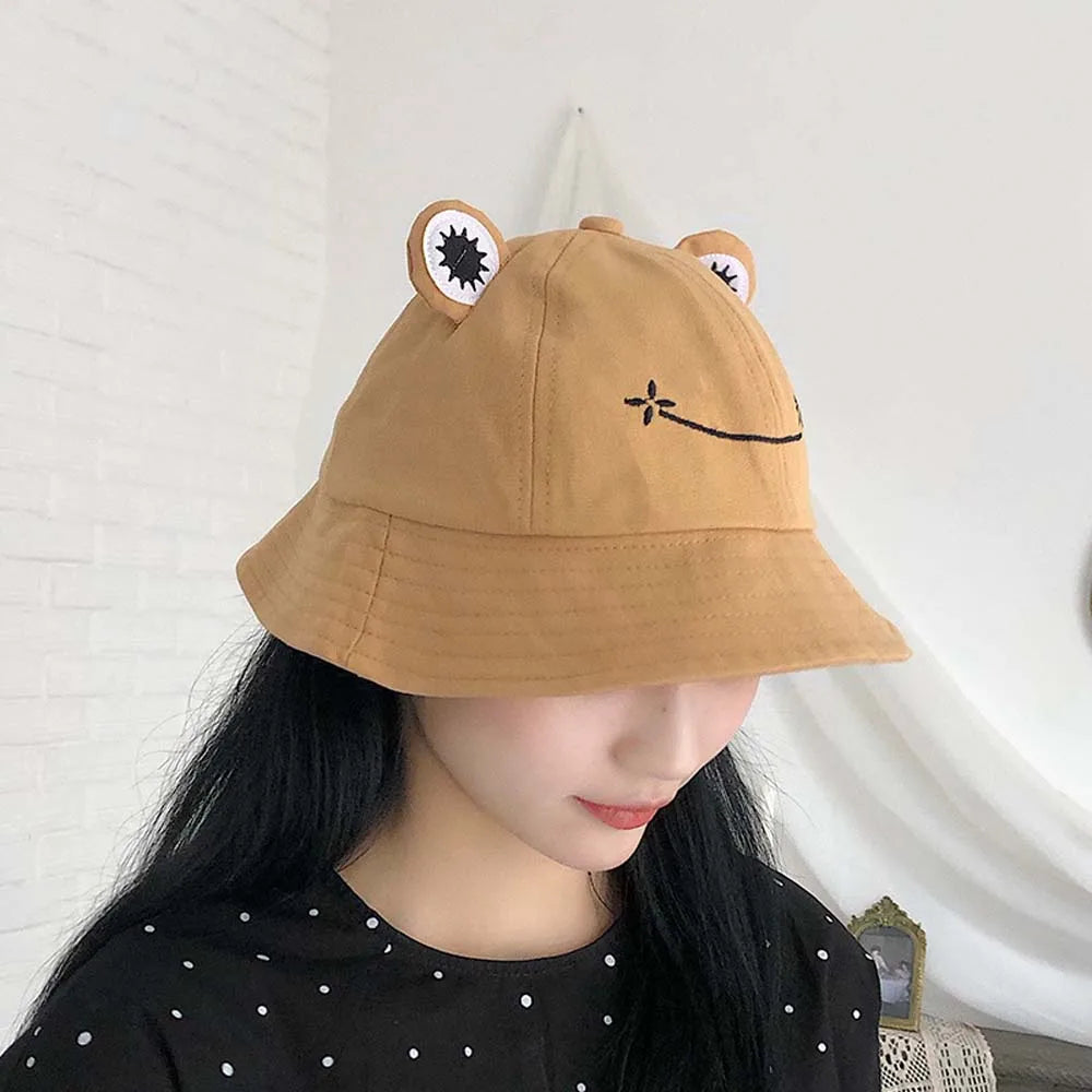 Cute Anti-Fog Frog Women Sun Protective Embroidery Fisherman's Hat Bucket Cap