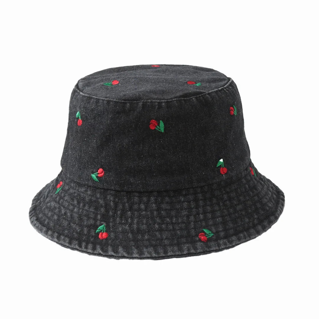 New Summer Hat For Women Denim Bucket Hat Embroidery Heart Butterfly Daisy