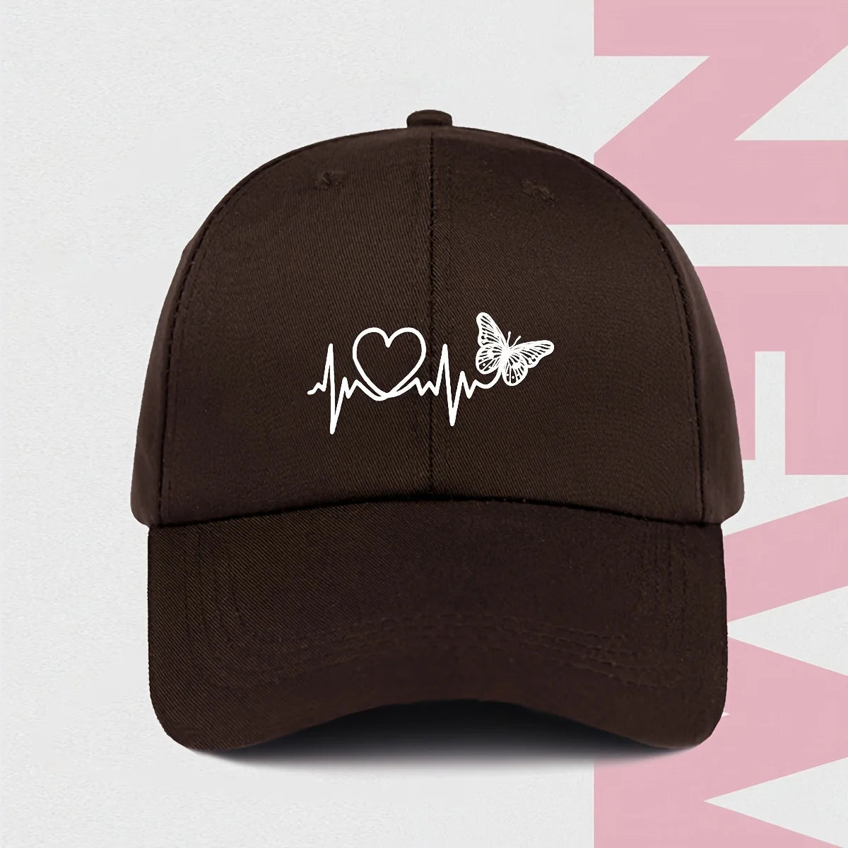 A Minimalist Baseball Cap With White Butterfly Heartbeat Print Design