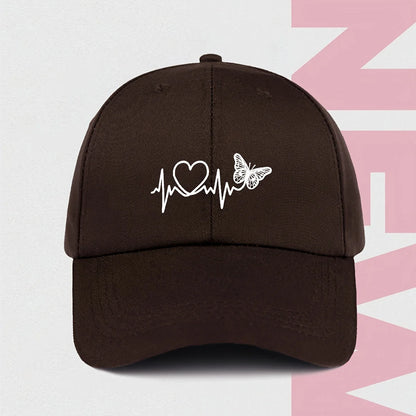 A Minimalist Baseball Cap With White Butterfly Heartbeat Print Design
