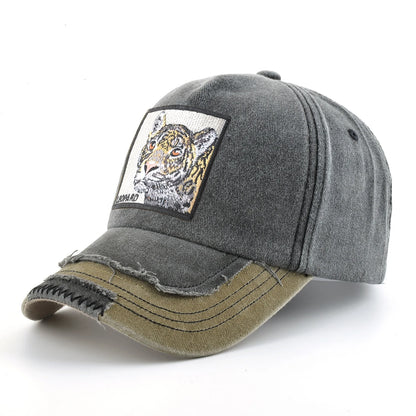 Vintage Denim Baseball Cap With Embroidery Leopard Patch