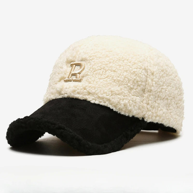 Trendy Big Letter Embroidery Men Winter Hats White Brown Lambswool Baseball Cap For Women