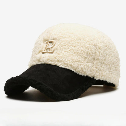 Trendy Big Letter Embroidery Men Winter Hats White Brown Lambswool Baseball Cap For Women