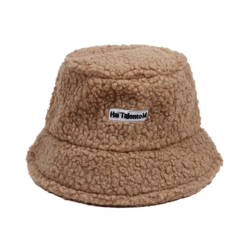 Winter Girl Boy Bucket Hat Cute Lamb Wool Letter Fisherman
