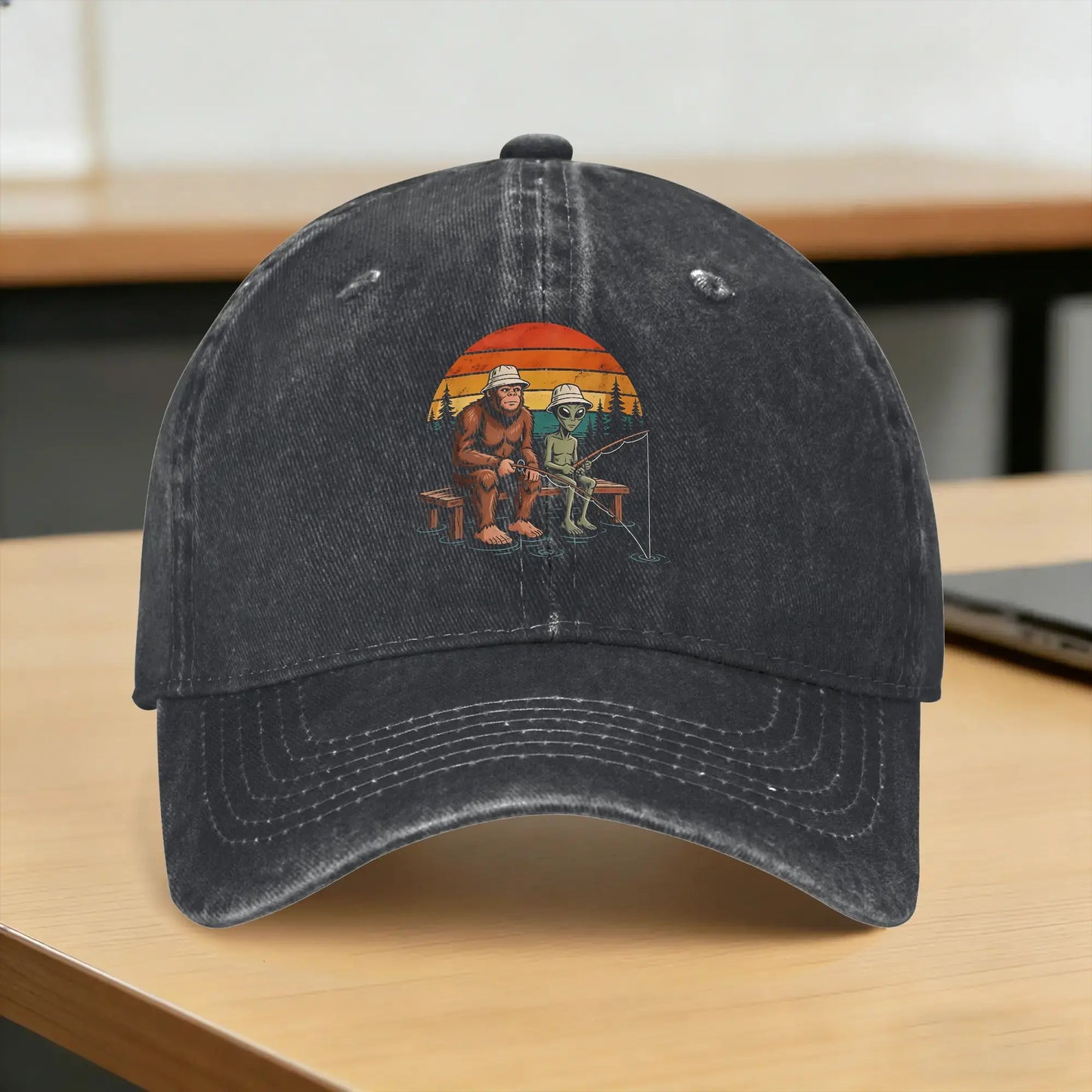 Washed Baseball Cap Alien Fishing Bigfoot And Pine Lake