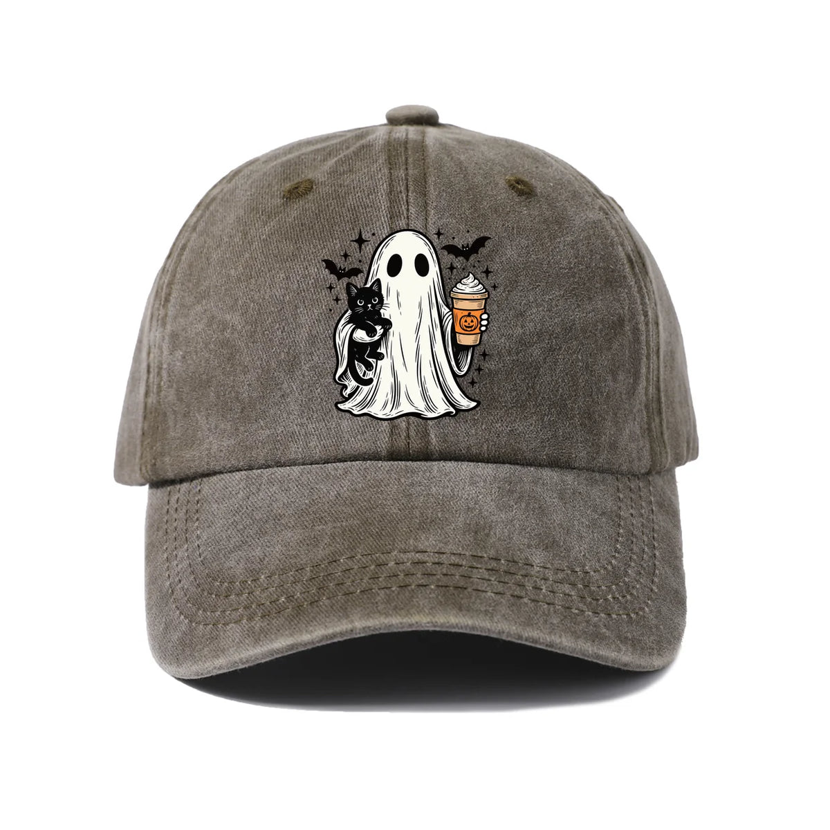 Vintage Washed Ghost Black Cat Coffee Graphic Baseball Cap