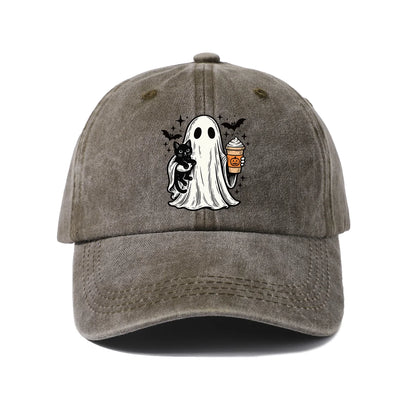Vintage Washed Ghost Black Cat Coffee Graphic Baseball Cap