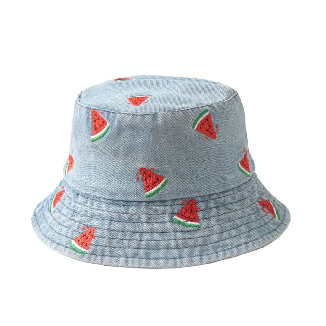 New Summer Denim Bucket Hat For Women Embroidery Watermelon Cherry Strawberry