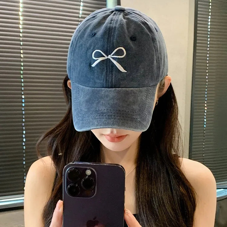 Pink Bow Baseball Cap For Women Y2K Korean Washed Denim Snapback Hat