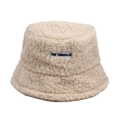 Winter Girl Boy Bucket Hat Cute Lamb Wool Letter Fisherman
