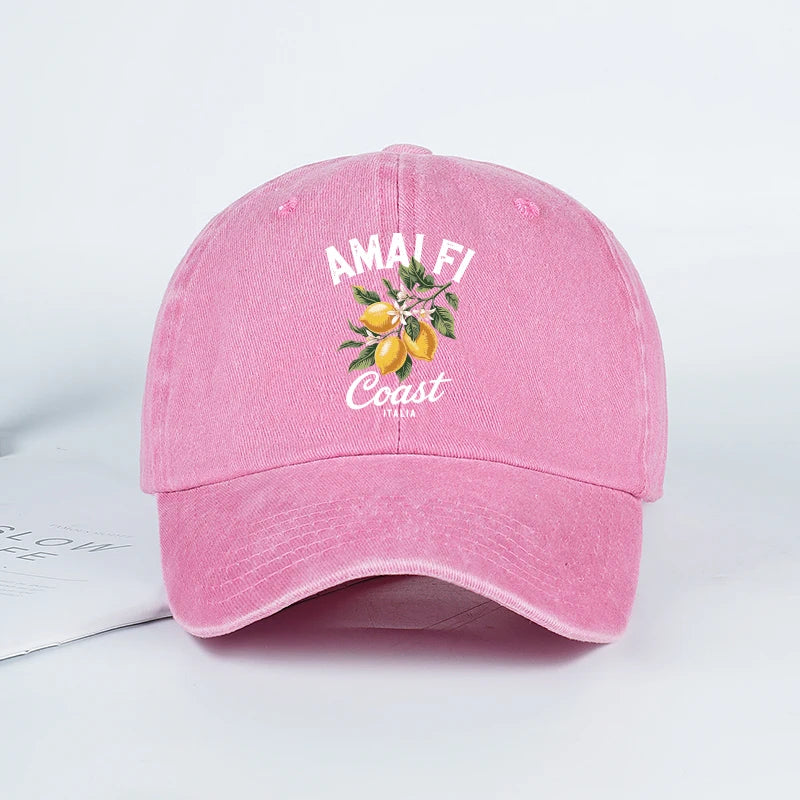Vintage Amalfi Coast Lemon Print Washed Baseball Cap