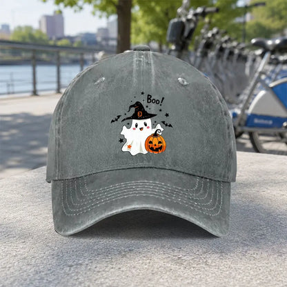 Lovely Boo Ghost Witch Pumpkin Bat Print Washed Baseball Cap