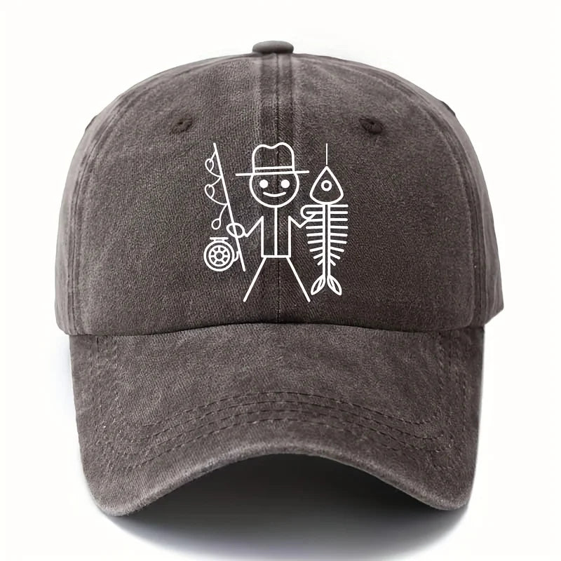 Printed Cartoon Man Fishing Baseball Cap
