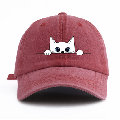 Cute Peeking White Cat Washed Baseball Cap