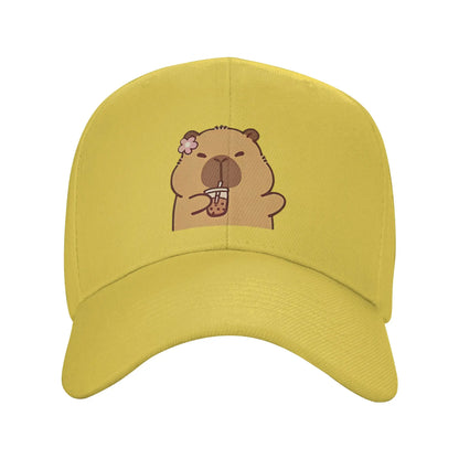 Cartoon Capybara Drinking Milk Tea Baseball Caps