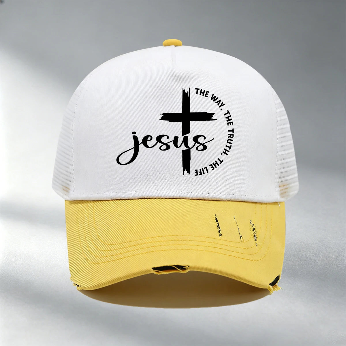 Christian Jesus Cross Print Color Block Mesh Baseball Cap