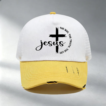 Christian Jesus Cross Print Color Block Mesh Baseball Cap