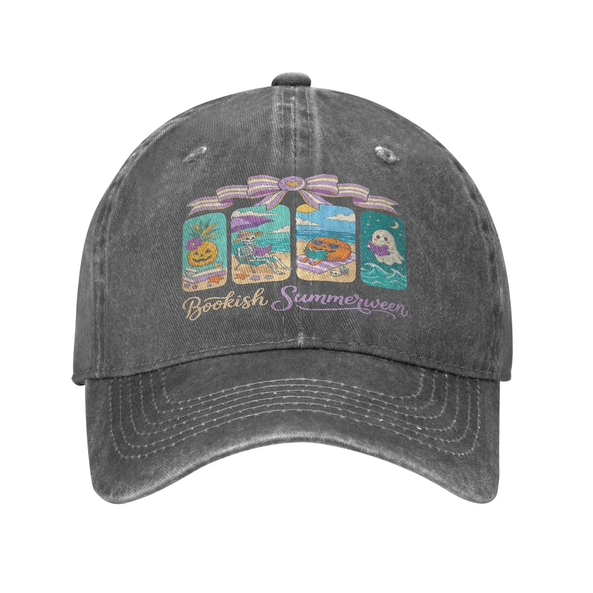 Summerween Beach Reading Ghost Pumpkin Skeleton Lover Cap Novelty Baseball Cap