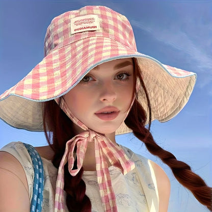 Plaid Fisherman Hat Trendy Seaside Beach Sunshade Hat Double-Sided