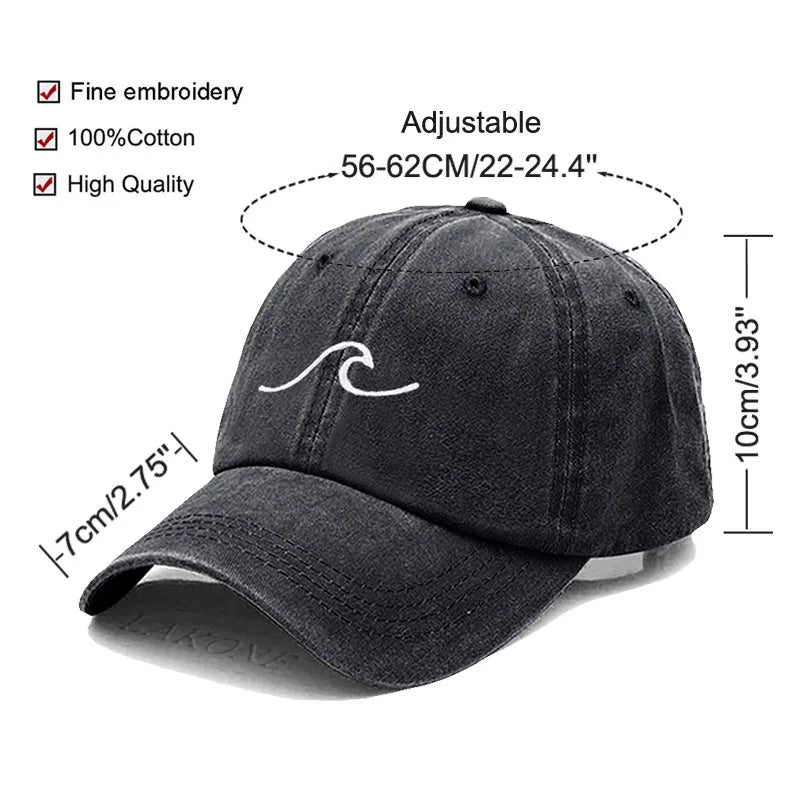 Men's Baseball Cap Women's Washed Cotton Waves Embroidery Embroidery Sport Golf Caps For Man