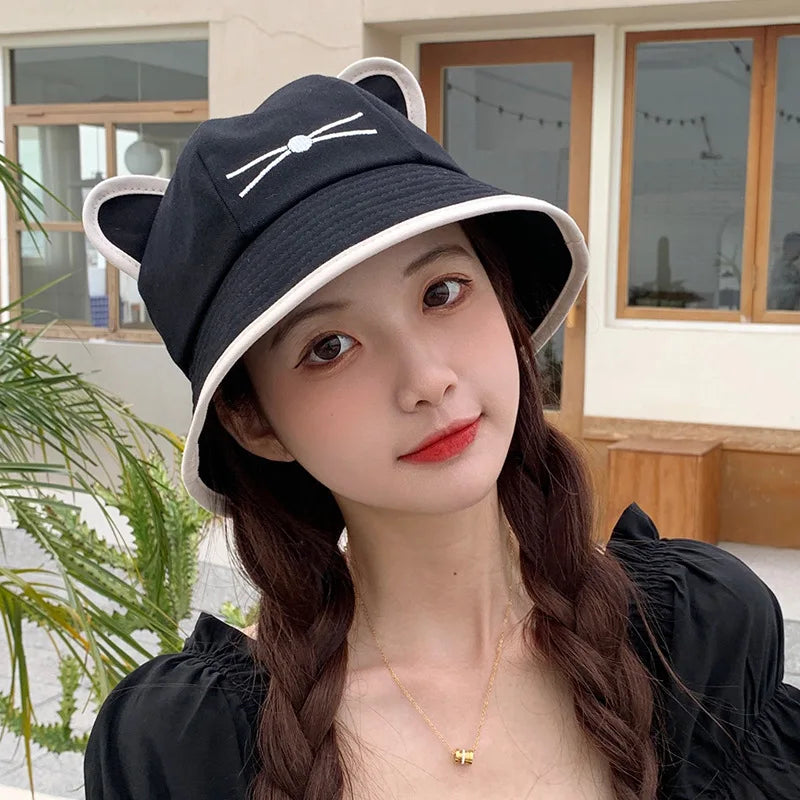 Korean Cartoon Cat Ears Women Bucket Hat