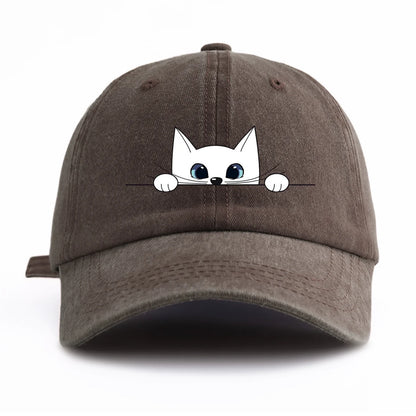 Cute Peeking White Cat Washed Baseball Cap