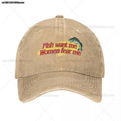 Fish Want Me Women Fear Me Baseball Cap Fashion Distressed Cotton Sun Cap