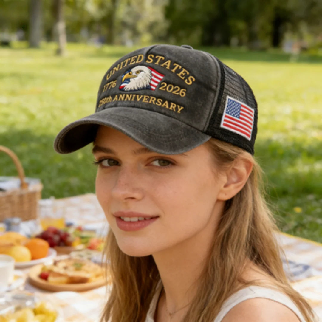 United States 250th Anniversary 1776-2026 Bald Eagle Embroidered Washed Mesh Baseball Cap
