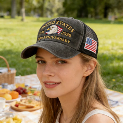 United States 250th Anniversary 1776-2026 Bald Eagle Embroidered Washed Mesh Baseball Cap