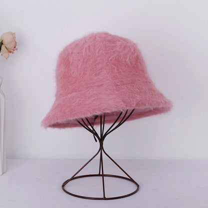 New Hat Winter Women's Fashion Solid Color Rabbit Fur Hat Bucket Cap