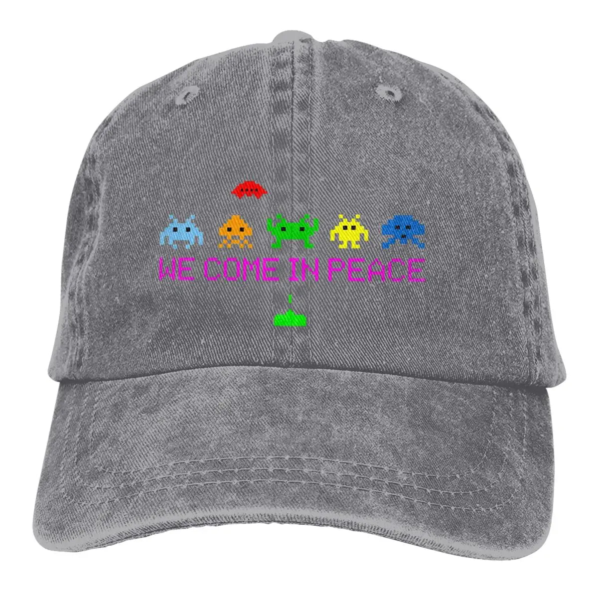 Space Invaders Arcade Shooter Game We Come In Peace Baseball Caps