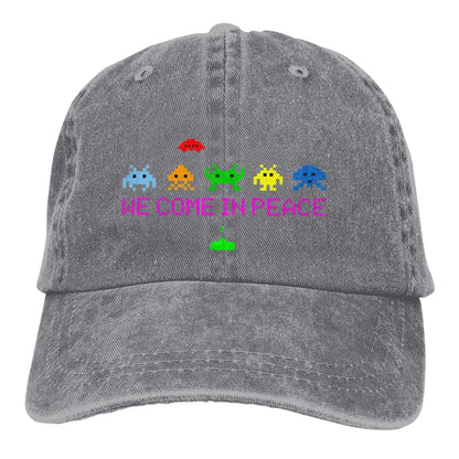 Space Invaders Arcade Shooter Game We Come In Peace Baseball Caps
